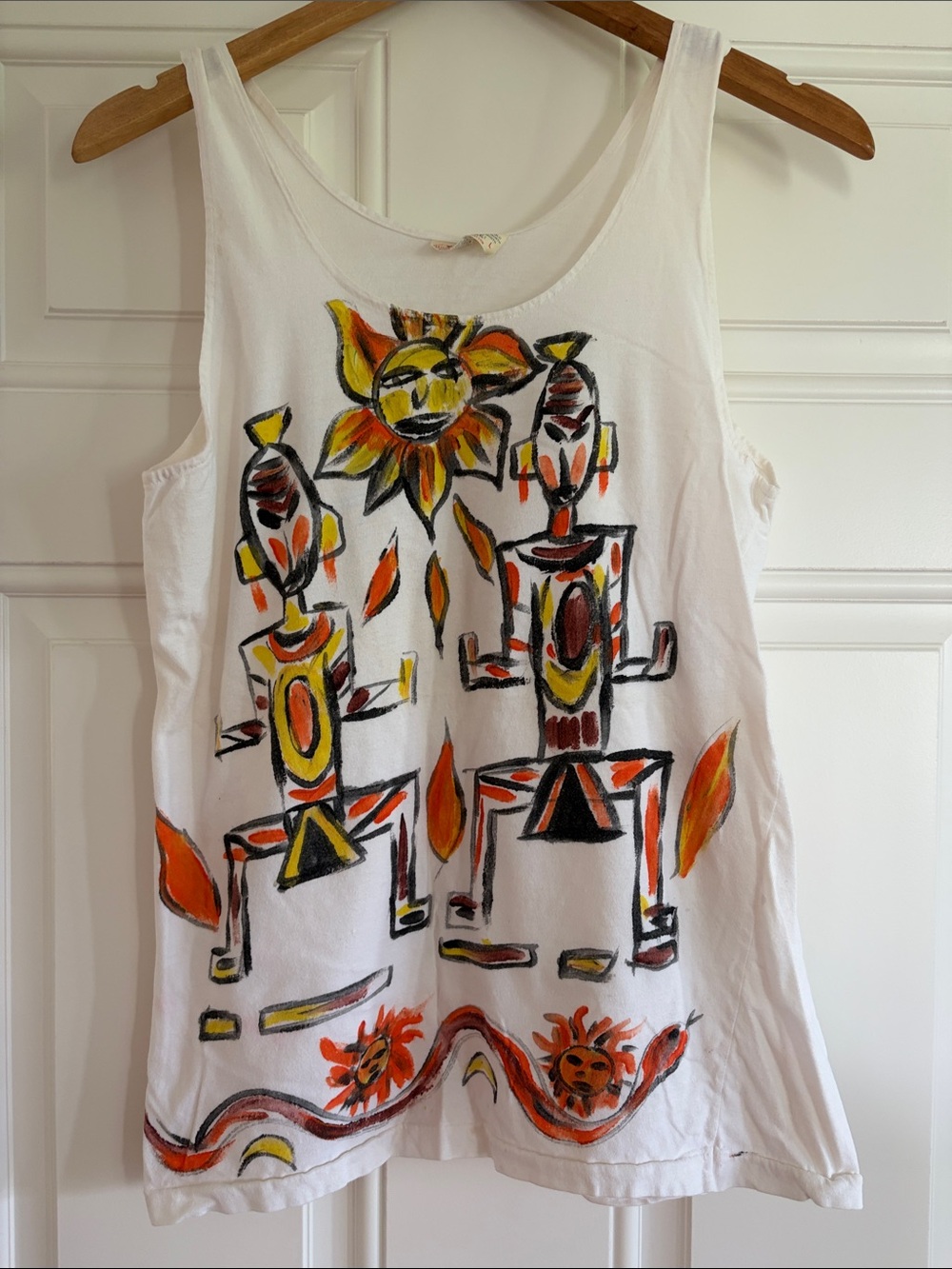 Vintage, 80s, White Australian Hand-Painted Tribal Sun Tank Top, size L